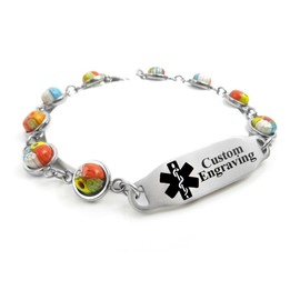 My Identity Doctor Medical Bracelet for Women Free Engraving - 1cm Steel & Glass - Black - Wrist Size 7.5 Inch