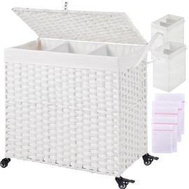 Greenstell Laundry Hamper with Wheels&Lid, 125L Large 3 Sections Clothes Hamper with 2 Types Removable Liner Bags, 5 Mesh Laundry Bags, Handwoven Divided Laundry Basket White