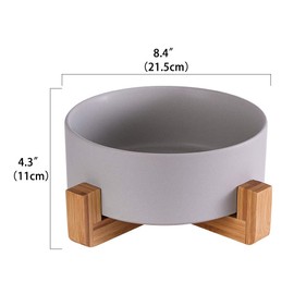 Grey Ceramic Dog Bowls with Wood Stand, Dog Water Bowls and Food Dish, Heavy Weighted or No Tip Over Dog Comfort Food Bowls, Stoneware Pet Bowl,Extra High Capacity 8.4" Diameter, for Large Dogs