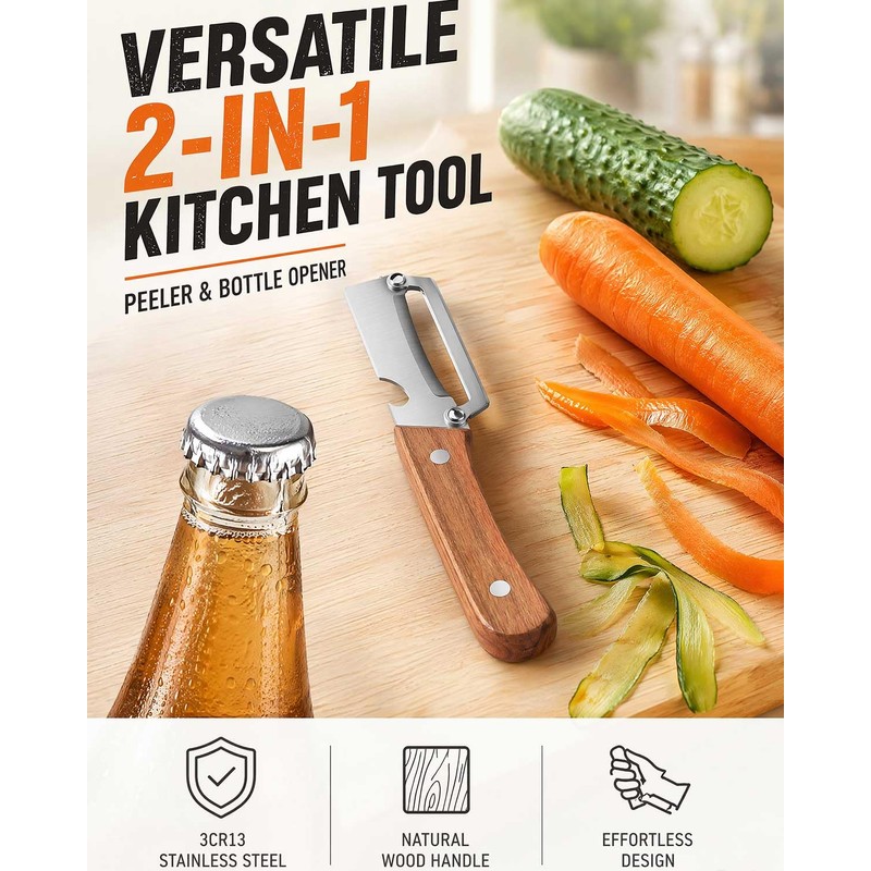 Vegetable Peeler 2-in-1 with Wooden Handle & Bottle Opener –