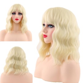 Mxayhnajxl Blonde Wigs with Bangs for Women 14 Inch Shoulder Length Short Wavy Bob Wigs With Bangs Curly Wig Heat Resistant Synthetic Wavy Wig Cosplay Wigs