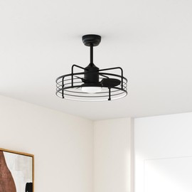 Asyko Caged Ceiling Fan with Light - Bladeless Black Ceiling Fans with Remote, Reversible and Dimmable, Low Profile Flush Mount Ceiling Fan with 6-Speed, Enclosed Led Fan Light for Bedroom…