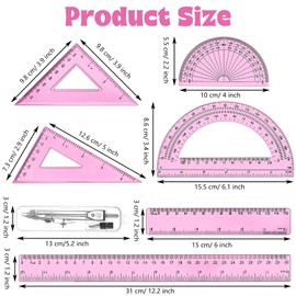 Zonon 1 Set Plastic Geometry Math Set Includes Drawing Compass, 6 Inch 4 Inch Protractor, 45/60 Degree Triangle Rulers 12 Inch 6 Inch Math Ruler Transparent for Office Supplies (Pink)