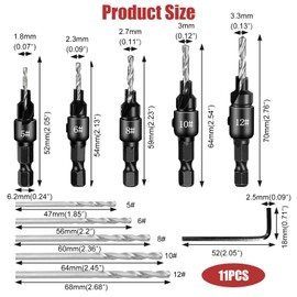 5Pcs Countersink Drill Bit Set Woodworking Chamfer Counter Hex Shank Adjustable Countersink Plug Cutter for Wood Drilling Plastic Soft Metal PVC with 5 Replaceable Drill 1 Hex Wrench(#5, 6, 8, 10, 12)