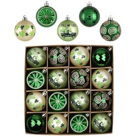 Valery Madelyn St Patricks Day Decorations Shamrock Tree Ornament Set, 16pcs 2.36inch Hanging Ball Ornament Irish Festival Decor, Good Luck Clover Green Gold Christmas Ball for Party Home Spring