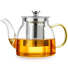 Glass Tea Pot with Stainless Steel Infuser and Lid (Octagonal), Clear Glass Teapot, Borosilicate Hydrochloric Glass Heat Resistant, Fine Glass Filter for Flower Tea, Tea Bags (32 oz / 800 ml)