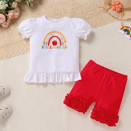 ODASDO Girls Back To Scool Outfit First Day of Kindergarten Graduation Shirt Kurzarm T-shirt Cotton Tops Tee Icing Ruffle Shorts Pants Set Preschool Graduation Clothes Casual Playwear Red 6-7 Years