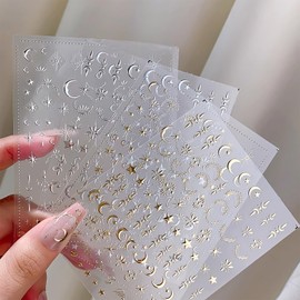 4PCS Gold Silver Moon Star Nails Art Stickers for Women Girls,3D Metallic Stickers Self Adhesive Manicure Accessories,Spring Summer DIY Manicure Nail Art Decorations