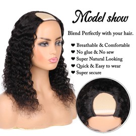 huarisi U Part Human Hair Wig Deep Wave 150% Density Glueless Brazilian Remy Human Hair U Part Wig Human Hair Full Head U Shape Clip in Wigs Curly Half Wig Human Hair for Women 16 Inch Natural Color
