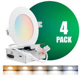 QPLUS 4 Pack 4 Inch 5CCT Ultra-Thin LED Recessed Ceiling Light with Junction Box, ETL,UL,IC, Wet Rated, Energy Star Dimmable Recessed Lighting 4 Inch, Led Can Lights, 4 Inch Led Recessed Lights