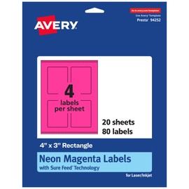 Avery Printable Rectangle Labels, Sure Feed Technology, 4" x 3", Neon Magenta Labels, Print-to-The-Edge, Laser/Inkjet Printable, 80 Total, Great for Shipping and Packaging