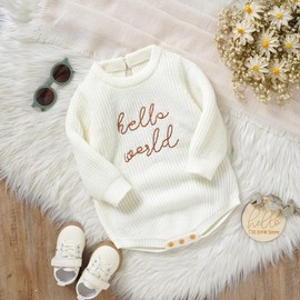PanLidapan Baby Girls Boys Fall Winter Clothes Newborn Long Sleeve Round Neck Knit Rompers Infant Hello World Letter Print Onesie Jumpsuit (White, 86)