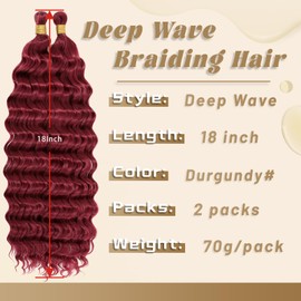 Eerya Long Curly Braiding Hair 18 Inch 2 Packs Burgundy Ocean Wave Crochet Hair for Black Women Deep Wave Braiding Hair for Boho Braids (18 inch, BUG)