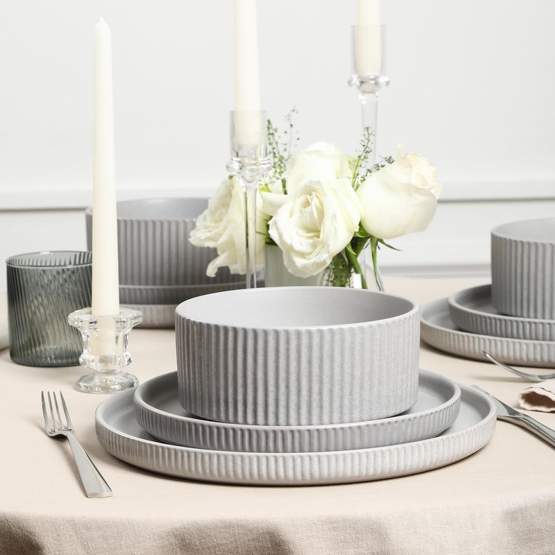 Stone Lain Haven Stoneware 12-Piece Dinnerware Set, Grey - Plates