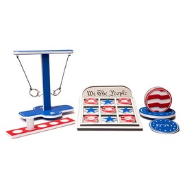 Noble Heritage USA Party Pack - 3 Piece Set | USA-Made Games & Drink Coasters | Tic Tac Toe, Hook & Ring Toss, & Premium Coaster Set | Perfect for 4th of July, BBQs & Family Gatherings, Multi