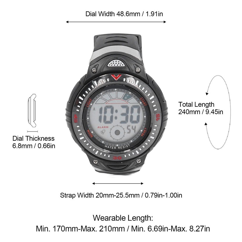 Black Men Digital Watch Waterproof LED Backlight Stopwatch Countdown 12/24