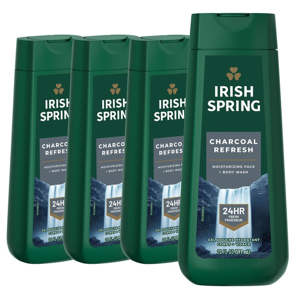 Irish Spring Men's Body Wash Shower Gel, Charcoal Refresh, 20 Fl Oz (Pack of 4)