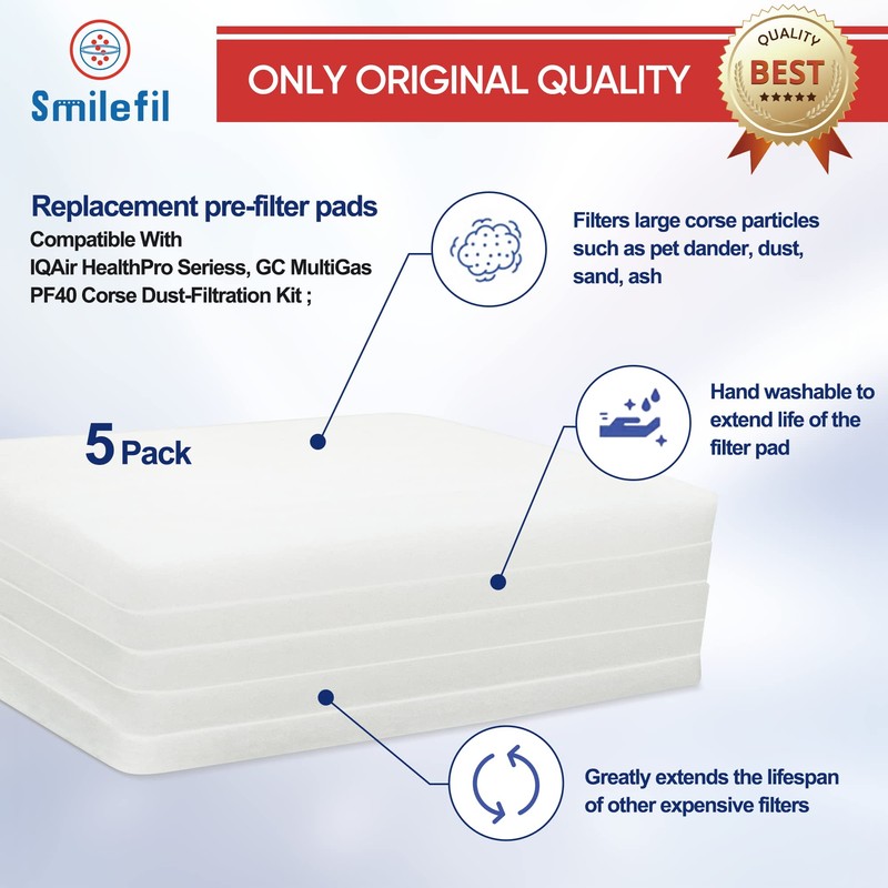Smilfil 5 Pack PF40 Replacement Pre-Filter Pads Compatible with IQAir