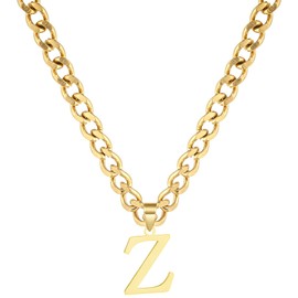 Gold Initial Necklace for Women Men Teens, 14K Gold Plated Stainless Steel Letters with 5mm Wide Cuban Chain Necklace, Capital Monogram Necklace Alphabets from A-Z, chain length: 18", Stainless Steel,