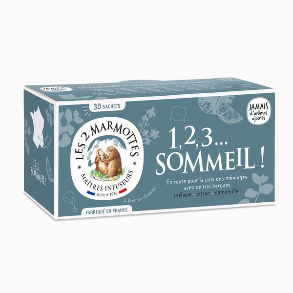 Les 2 Marmottes - Infusion 1,2,3...Sleep! 30 sachets - Lemon Balm, Lemon and Chamomile - Sleep Well and Relaxation - Made In France - No Added Flavours - 36g