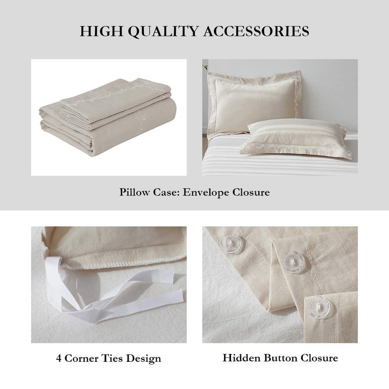 BISELINA French Linen Duvet Cover Set 3pcs Embroidered Willow Leaf