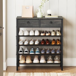 YATINEY 5 Tier Shoe Rack, Large Capacity Shoe Storage Organizer, Metal Shoe Shelf with Drawer and Wooden Top, for 20 Pairs of Shoes, for Entryway, Closet, Charcoal and Black SS25BCY1