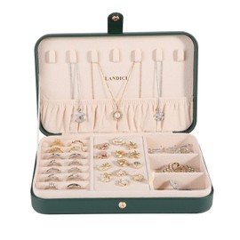 LANDICI Small Jewelry Box for Women Girls, PU Leather Travel Jewelry Organizer Case, Jewellery Storage Holder Display for Ring Earrings Necklace Bracelet Bangle Watch Men Kids Gift, Blackish Green