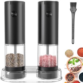 JIDSPWLS Electric Pepper and Salt Grinder Set （2 Pack Black/Black） Adjustable Coarseness Salt & Pepper Mill,With LED Light,Easy to Clean,Battery Powered, One Handed Operation, Kitchen Essential