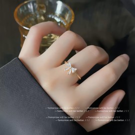 Mettclasi Women's 14K Gold Plated Stackable Ring Crystal Inlaid Dainty Trendy Cute Adjustable Open Twist Rings Jewelry Gifts - Bow Tie