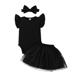 Vestido de color sólido para recién nacido, conjunto de falda tutú, conjunto de ropa para bebé y niña, negro, (Black-sleeveless), 12-18 Meses