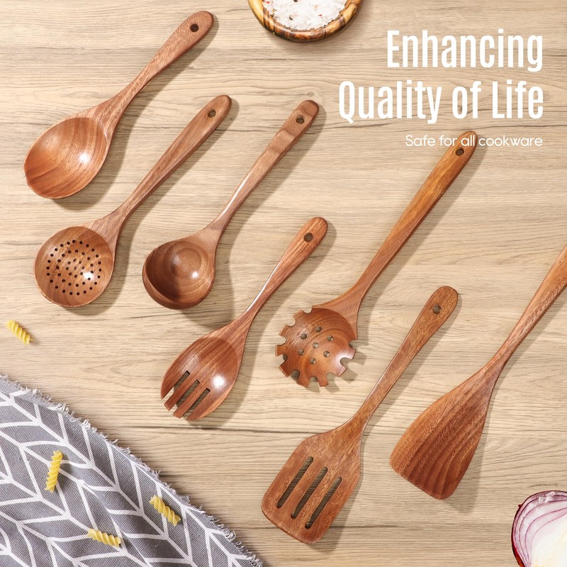 MULBOM 7 PCS Wooden Spoons for Cooking Natural Teak Kitchen