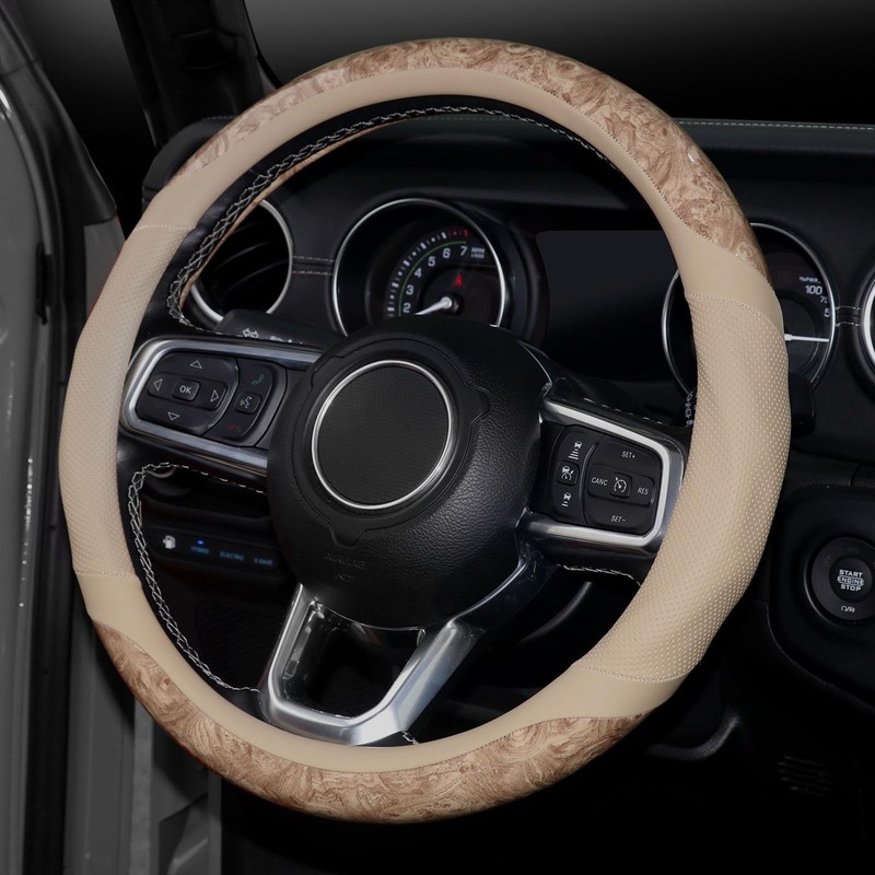 Wood Grain Steering Wheel Cover, 14.5-15 inch, Beige