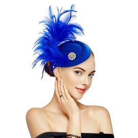 Handmade Fascinators Women Tea Party Derby Pillbox Hats Peacock Feather Clip-On Design - Royal Blue