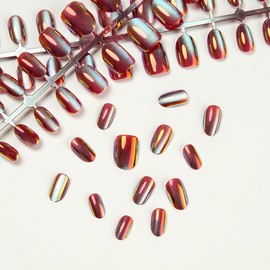 72Pcs Chrome Nail Tips Cat Eye Press on False Nails Short Oval Fake Nails Red Holographic Laser Acrylic Gel Nails