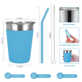 Luismia 5 Pack Kids Cups with Straws Lids Spill Proof Toddlers Tumbler with Colorful Silicone Sleeves Reusable Kids Stainless Steel Smoothie Cups with Lids for Cold & Hot Drinks -12oz