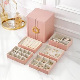 VIESOGEZ Multi-Functional Jewelry Box, Leather Jewelry Storage Box, Organizer Of Ladies' Rings, Necklaces, Earrings And Bracelets (pink)