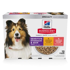 Hill's Science Diet Sensitive Stomach & Skin,Adult 1-6, Stomach & Skin Sensitivity Support,Wet Dog Food,Variety Pack:Chicken & Vegetables; Salmon & Vegetables Loaf,12.8 oz Can Variety Pack, Case of 12