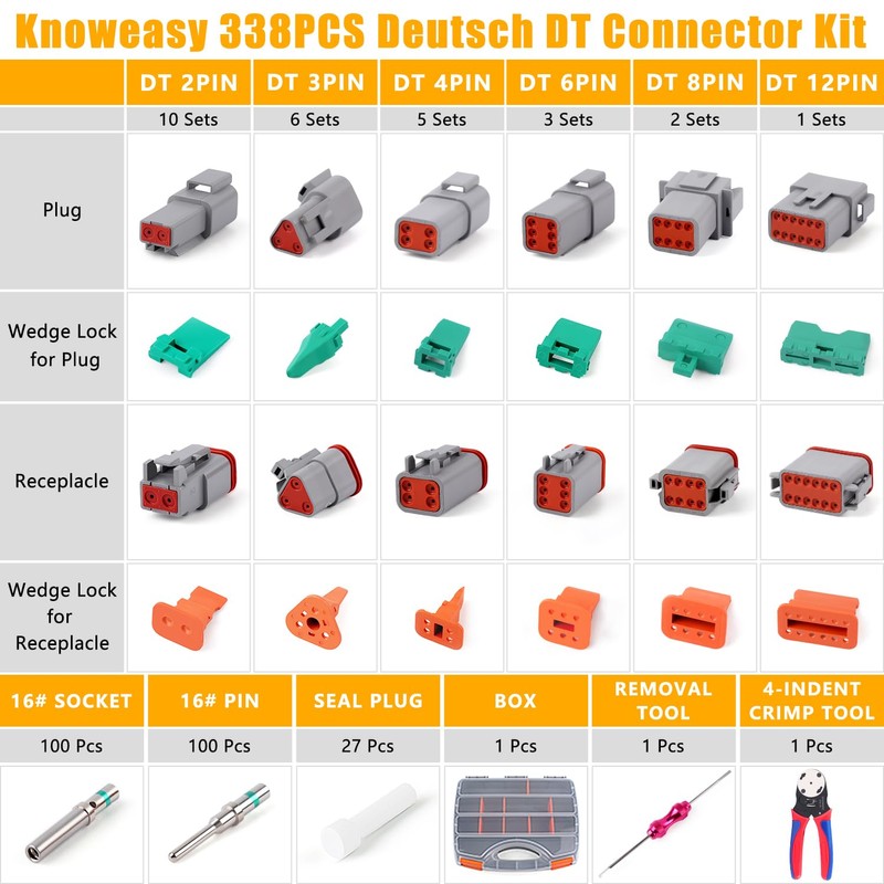 Knoweasy 338pcs DT Deutsch Connector Kit - 2/3/4/6/8/12 Pin Connectors,