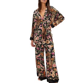 Fenghualzzniya Women Satin Pajama Set Floral Silk Pajamas 2 Piece Lounge Sets Button Down Shirts Wide Leg Pants Pjs Sleepwear, Floral Black, Large