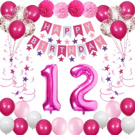 NANINUNENO 12th Birthday Decorations for Girls, Pink 12 Happy Birthday Balloons Supplies Including Pink Happy Birthday Banner, Hot Pink 12 Number Balloons, Pink Star Streamers, Hanging Swirls