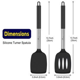 HOTEC Silicone Spatula Set of 2 Heat-Resistant 600°F & BPA-Free Kitchen SaptulaTurner with Stainless Steel Handles, Slotted & Solid Spatulas for Nonstick Cookware, 13.7 Inch, Black
