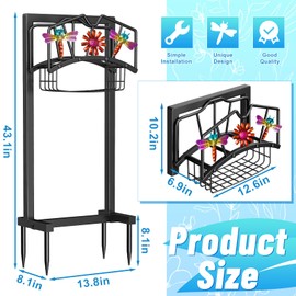 MeyRolizn Garden Hose Holder, Freestanding Water Hose Holder with Storage Basket, Heavy Duty Metal Hose Reels Stand With 4 Spikes for Outside Yard Lawn Black (Dragonflies+Flowers.)