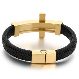 Klapgo Punk Cross Men’s Bracelet, Stainless Steel and Braided Leather Wristband Gold Tone Cross Charm with Clasp Closure for Men’s Religious Punk Hip Hop Jewelry