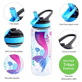 HomTune Cute Water Bottle with Straw for School Kids Girls, BPA FREE Tritan & Leak Proof & Easy Clean & Carry Handle, 23oz/ 680ml - Mermaid