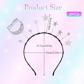 Thinp Star Moon Headband, 2 Pcs Galaxy Space Headbands Glitter Silver Headpiece Star Hair Accessories for Women Girls Birthday Wedding Halloween Princess Cosplay Party Costume