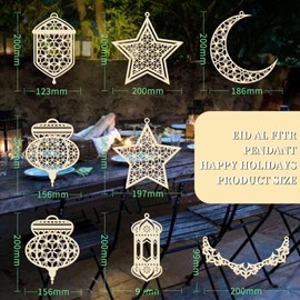 Eid Decorations Home Hanging Wooden Ornaments, 8pcs Crescent Moon Star Hollowed Wooden Pendants Cut-out Lantern Shape Ornaments with Hanging Cords Ramadan Eid Muslim Party Decorations Supplies