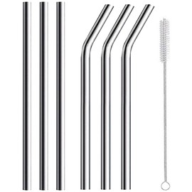 Ogetok 6 Pack of Reusable Stainless Steel Straws, 3 Straight + 3 Bent 31.5 cm Metal Straws with Cleaning Brush, Diameter 8 cm Long Drinking Straws for Cocktail, Drink, Dishwasher Safe, Silver