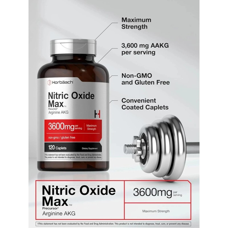 Horbäach Nitric Oxide Max 3600mg | 120 Caplets | with