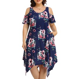 Sun Dresses Women Plus Size Blue Floral Print Beach Cold Shoulder Casual Summer Pockets Tshirt Swing Tunic Loose Dress