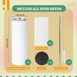 Joyclub 20oz Sublimation Tumblers Bulk 16 Pack Tumblers Blanks Flat Edge Skinny Straight Sublimation Cups With Lids and Straws for Heat Press